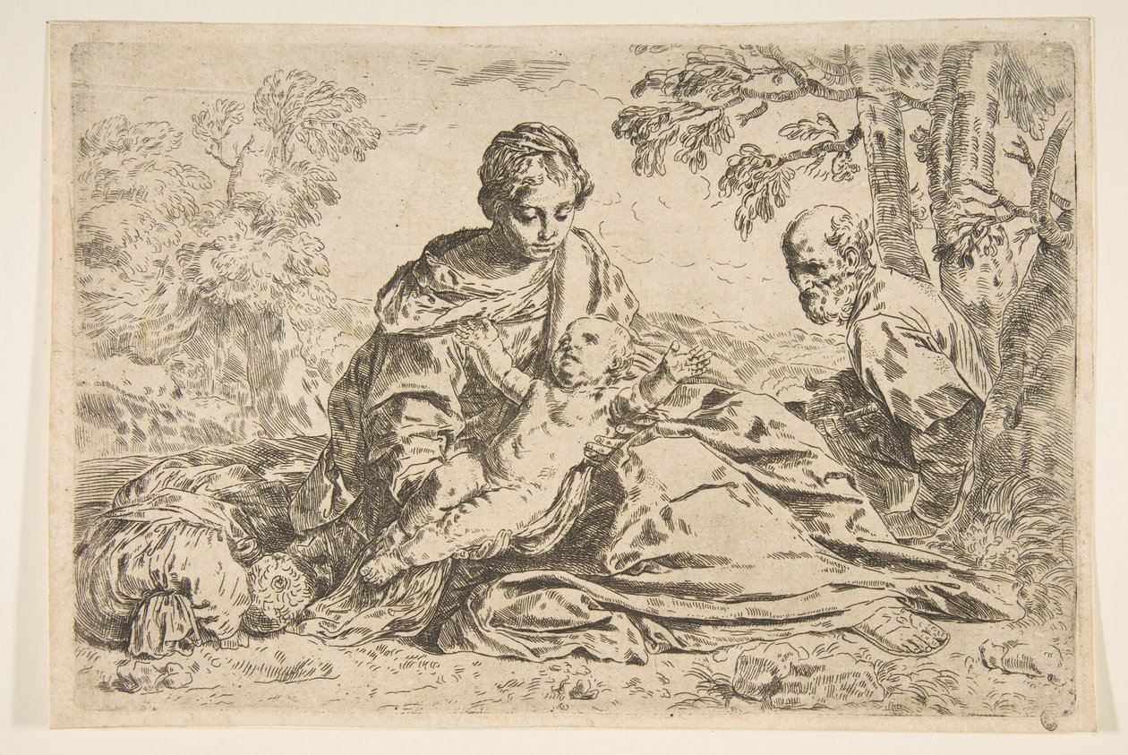 Vila på flyget till Egypten, Maria håller spädbarnet Kristus med St. Josef ..., ca 1640 eller senare. av Unbekannt