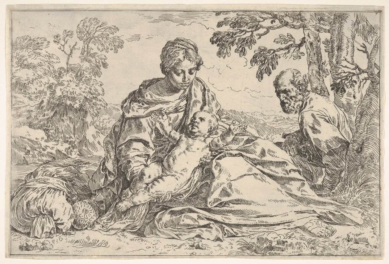 Vila på flykten till Egypten, Maria håller spädbarnet Kristus med St. Josef..., ca. 1640 eller senare. av Unbekannt
