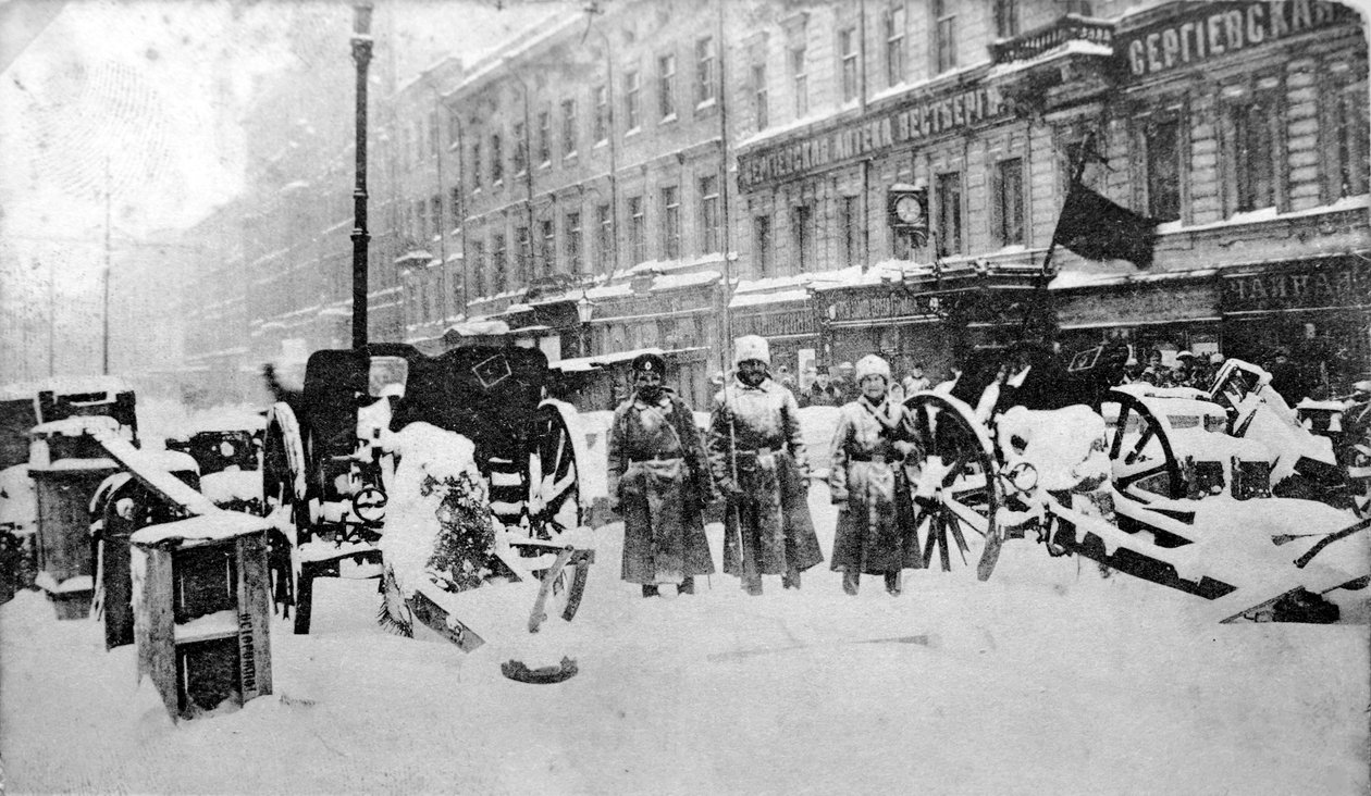 Revolutionära barrikader på Liteiny Prospekt, Petrograd, Ryssland, 27 februari 1917 av Unbekannt
