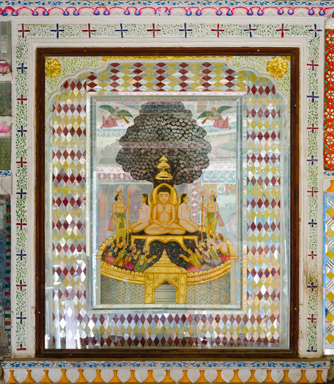 Rikt dekorerade religiösa konstverk i ett rum i 1800-talets Patwon ki Haveli herrgård, Jaisalmer, Rajasthan, Indien (foto) av Unbekannt