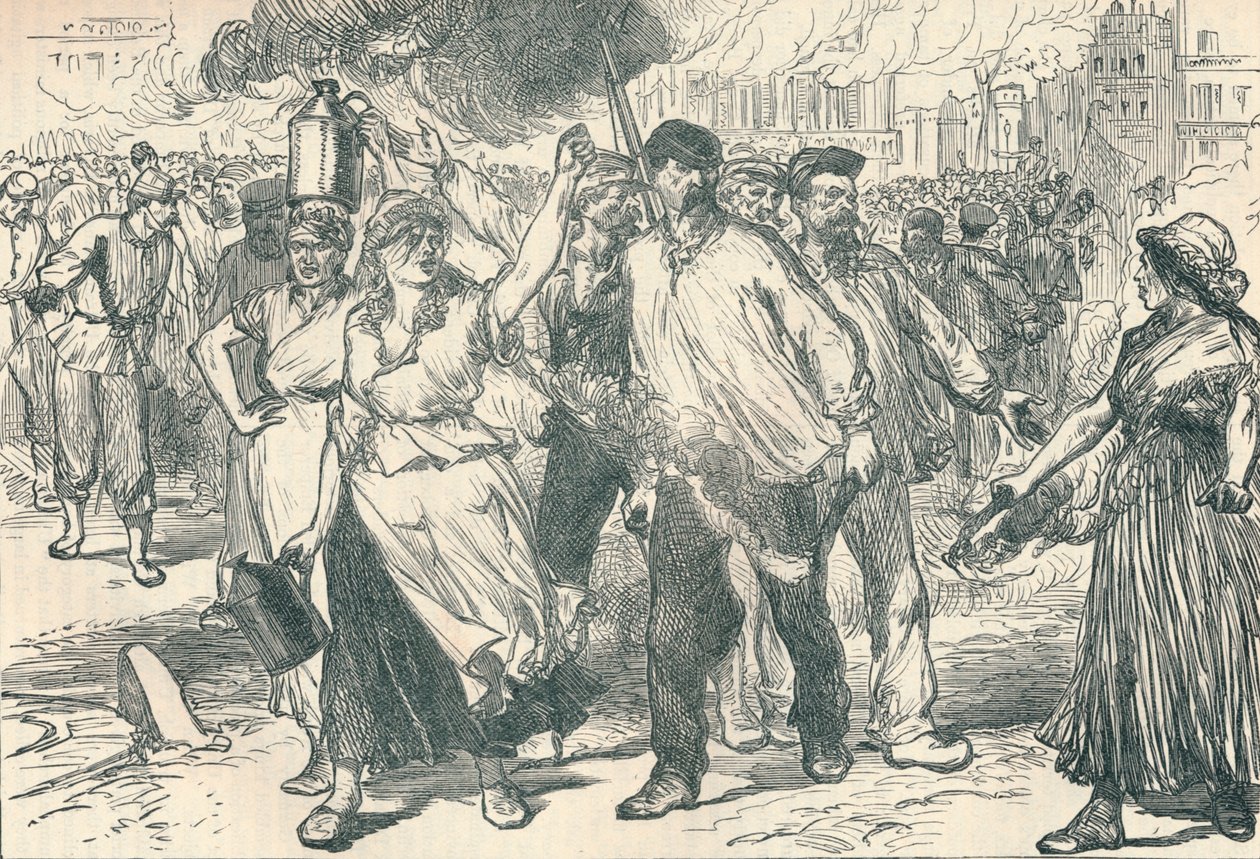 Upprorsmakare och petroleuses som avfyrar offentliga byggnader i Paris under Pariskommunen, 1871 1906 av Unbekannt