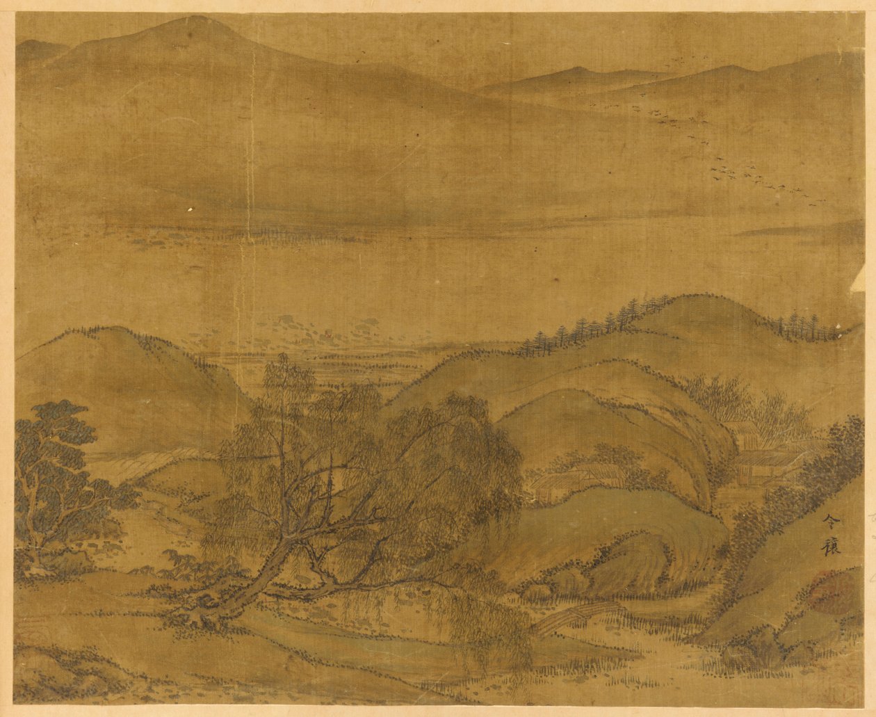 Flodlandskap: en pil och andra träd, böljande kullar..., Yuan- eller Mingdynastin, 1279-1644. av Unbekannt