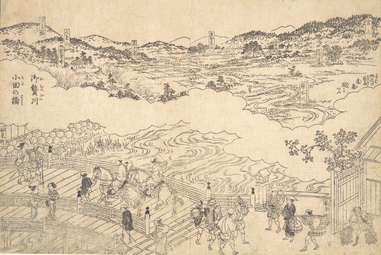 River of Omue och Bridge of Oda, 1700. av Unbekannt