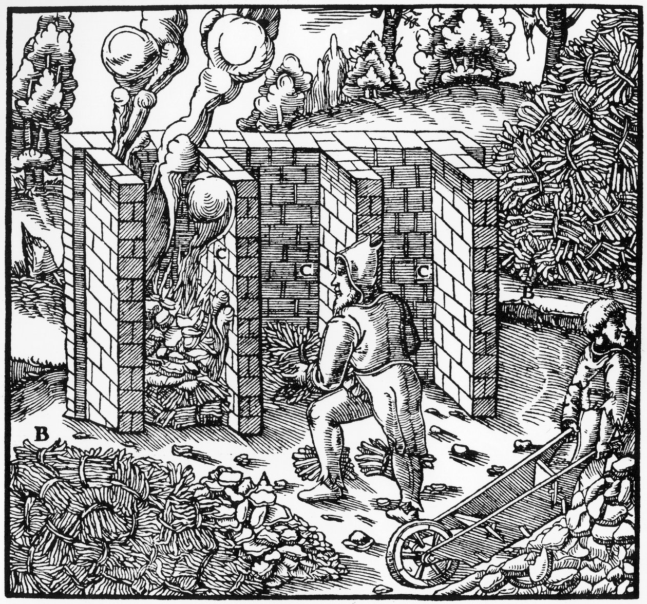 Rostning av kopparmalm i en ugn vid C, 1556 av Unbekannt