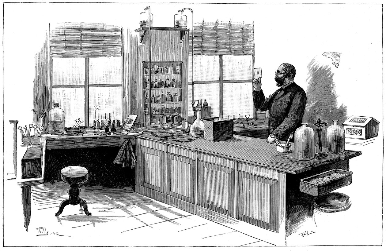 Robert Koch 1843-1910, tysk bakteriolog och läkare i sitt laboratorium av Unbekannt