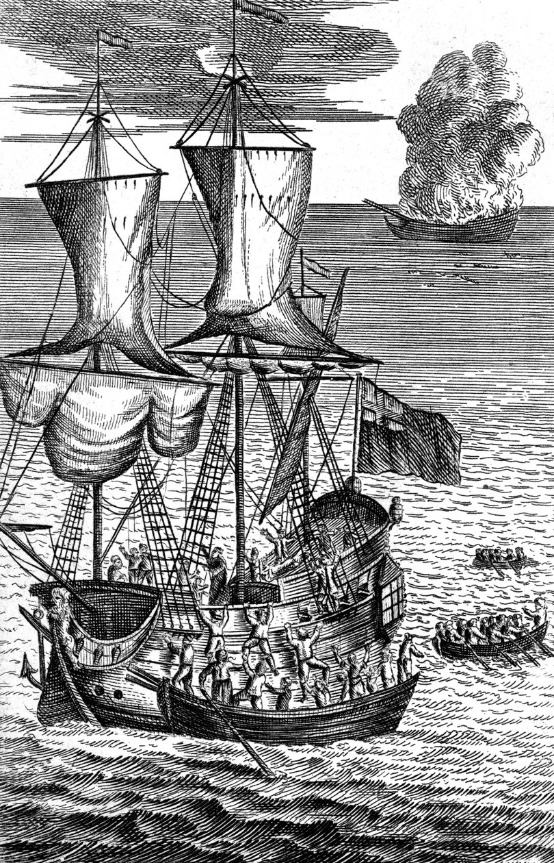 Robinson Crusoe Saves the Crew of a Ship on Fire at Sea, c1719 av Unbekannt