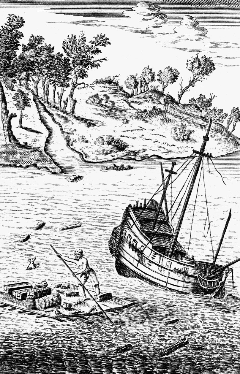 Robinson Crusoe räddar sina varor ur skeppets vrak, c1719 av Unbekannt