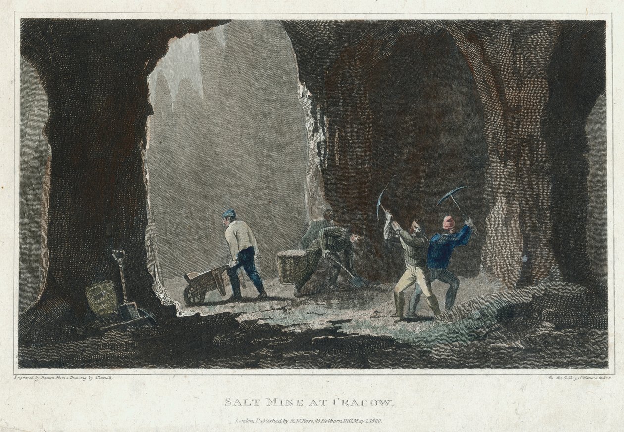 Bergsalt: Gruvarbetare på arbete i saltgruva nära Krakow, Polen, c1820 av Unbekannt