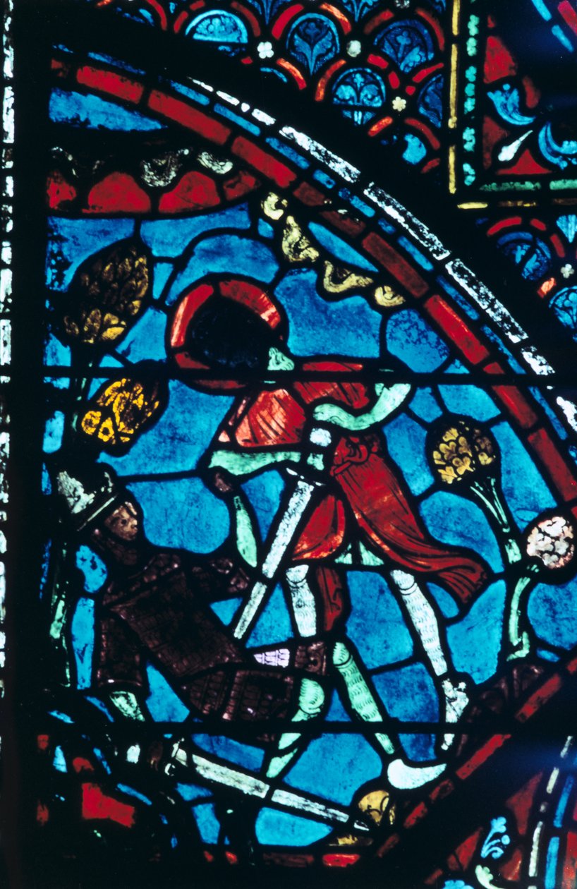 Roland genomborrar jätten Ferragut i naveln, målat glas, Chartres Cathedral, 1194-1260 av Unbekannt