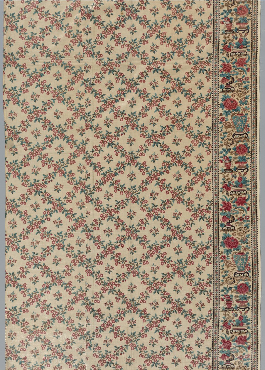 Rulltryckt glaserad chintz med blom- och vasdesign, 1800-tal. av Unbekannt