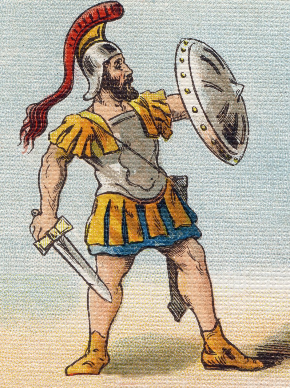 romersk soldat. Gravyr i "Alphabet de ma petite fille". Bernardin-Bechet och Fils, bokhandlare-förlag, Paris, omkring 1895. Okrossbart album på duk. Bibliotheque des Bebes. 12 sidor. Album innehållande en läsmetod och en illustrativ abecedary. av Unbekannt