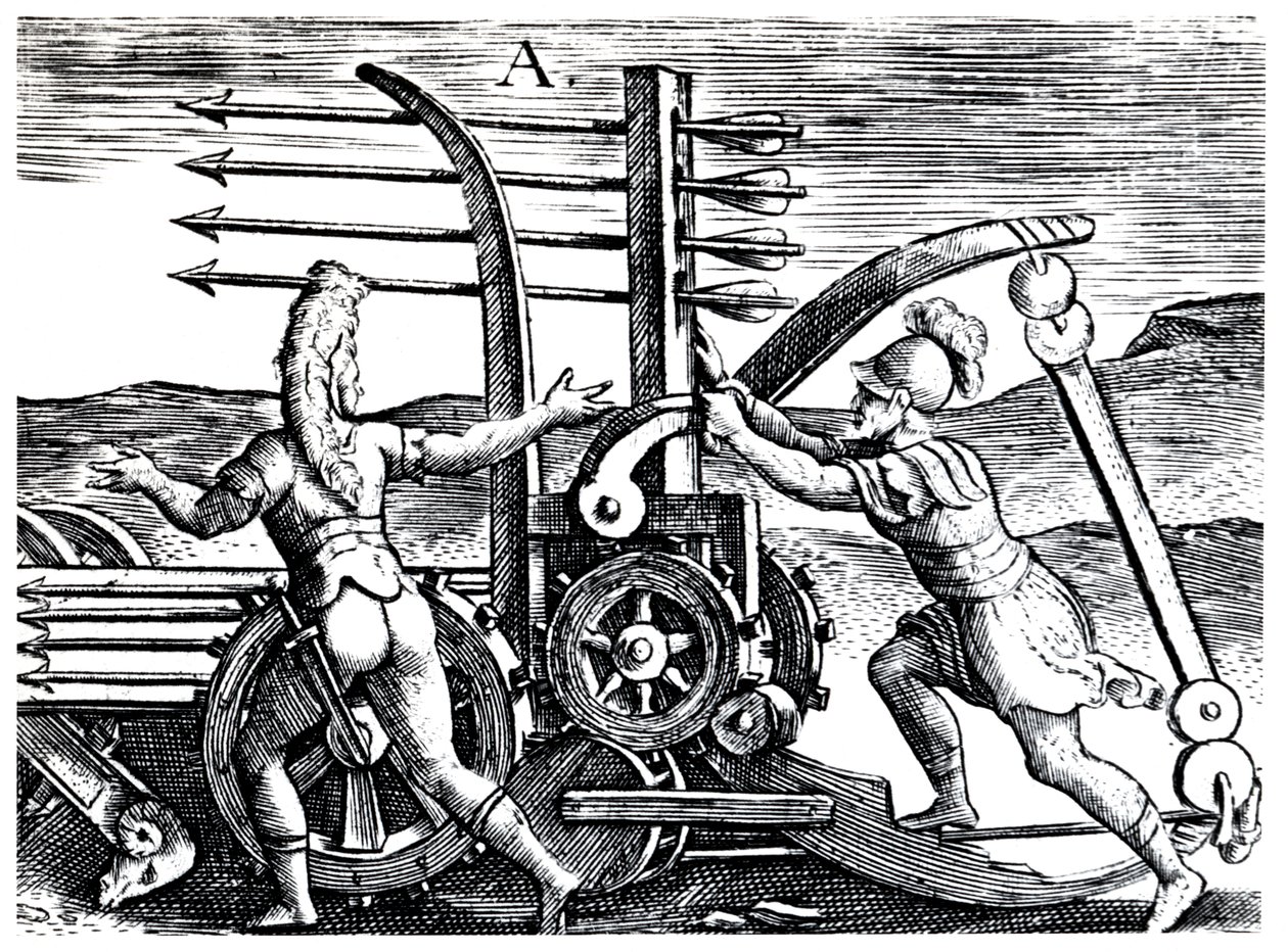 Romerska soldater som använder en krigsmotor som avfyrar flera pilar, 1605 av Unbekannt