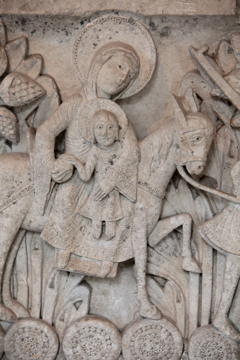 Romansk basrelief från huvudstaden vid Autun-katedralen som visar flygningen till Egypten, Autun, Frankrike av Unbekannt