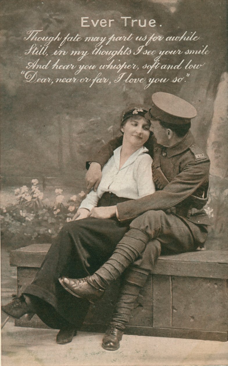 Romantiskt vykort med en soldat och hans älskling, c1914-18 av Unbekannt