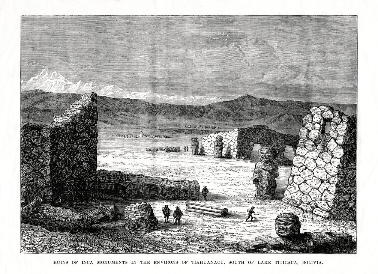 Ruinerna av inkamonumentet i omgivningarna av Tiahuanacu, söder om Titicacasjön, Bolivia, 1877 av Unbekannt