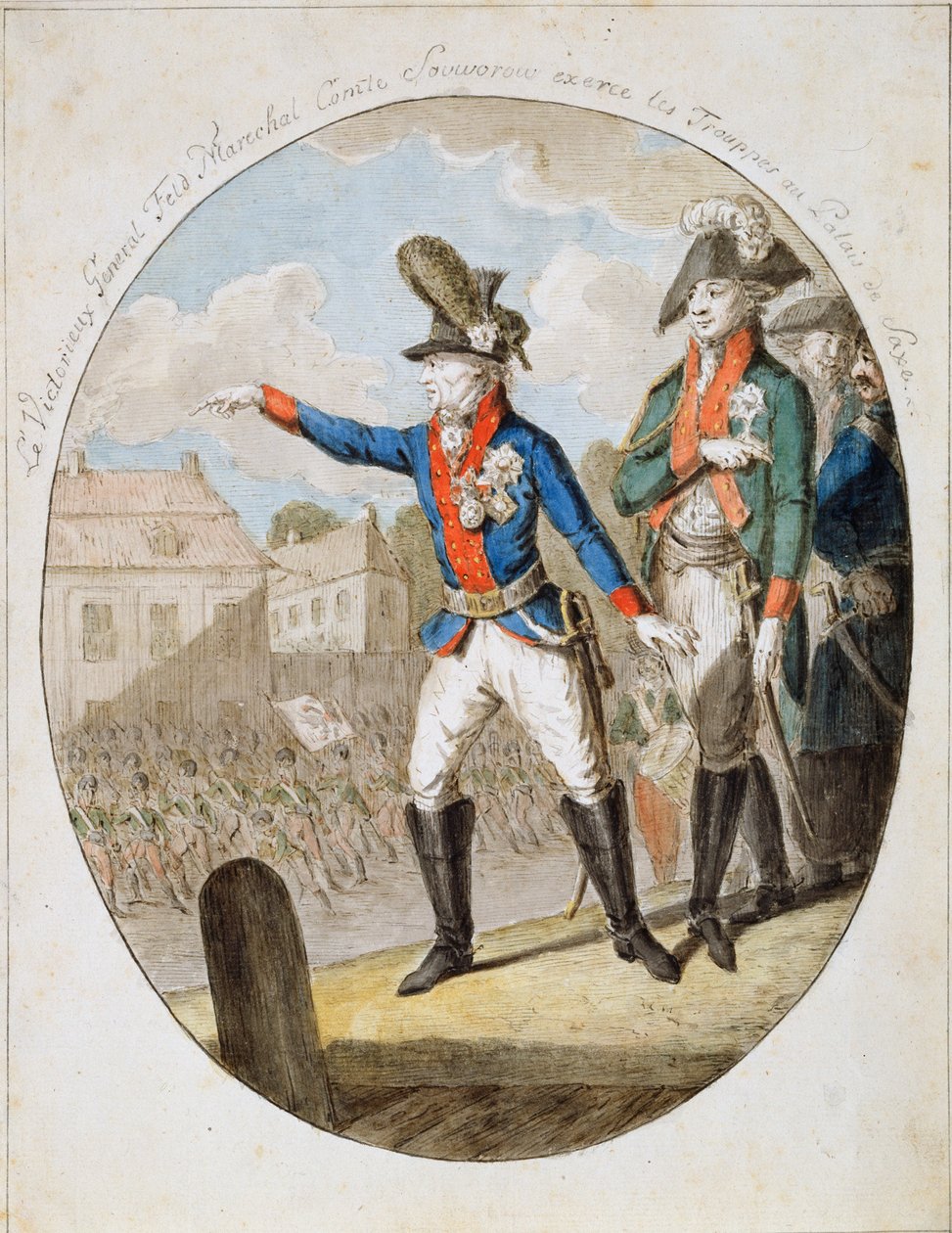 Den ryske fältmarskalken Alexander Suvorov inspekterar trupper, c1794 av Unbekannt