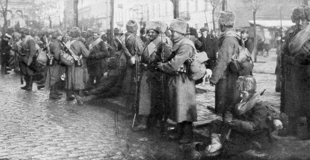 Ryska sibiriska infanteritrupper i Warszawa, Polen, 1914 av Unbekannt