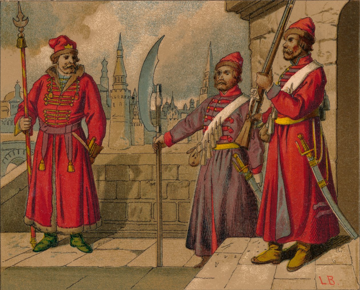 Ryska Strelitzi och turkiska gardister från 1600-talet - officer, meniga, c1800-talet av Unbekannt