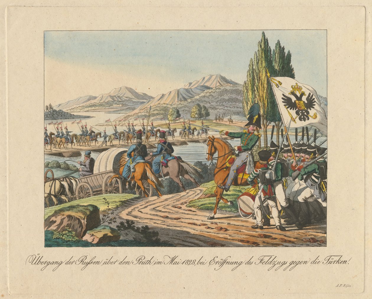 Den ryska armén korsar floden Pruth in i Moldavien i maj 1828, 1829 av Unbekannt