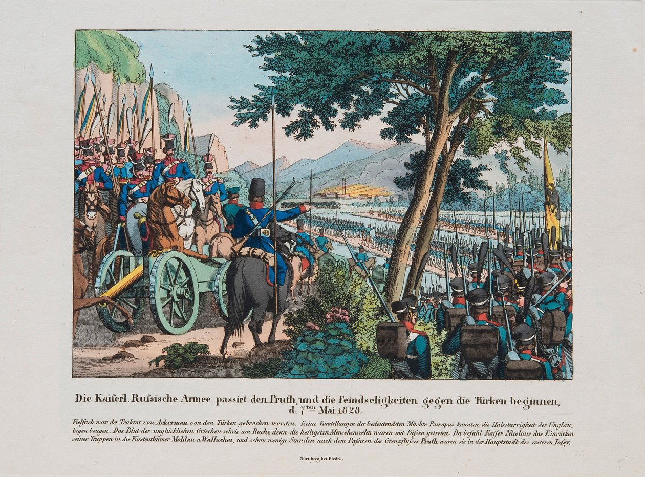Rysk armé korsar floden Pruth in i Moldavien i maj 1828, ca. 1830 av Unbekannt