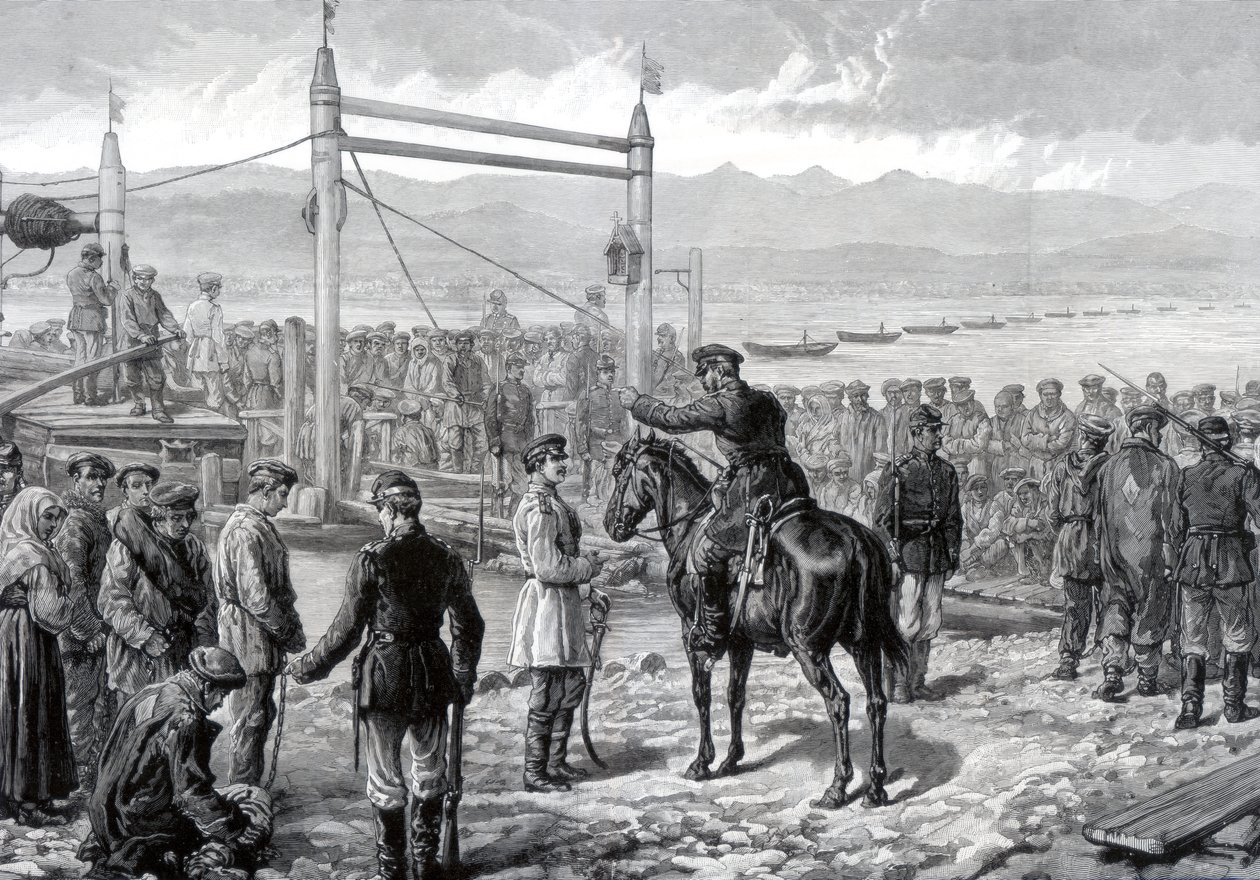 Ryska fångar under militär eskort väntar på att få färja över floden Jenisej, Sibirien, 1882 av Unbekannt