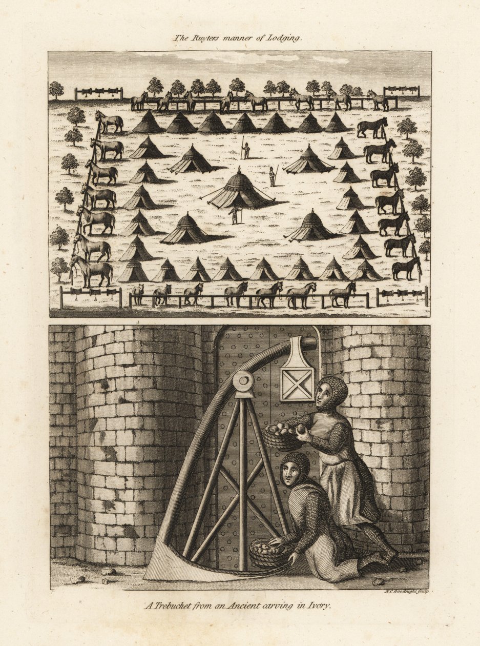 Ruyters kavalleriläger och en trebuchet från en gammal snidning i elfenben av Unbekannt