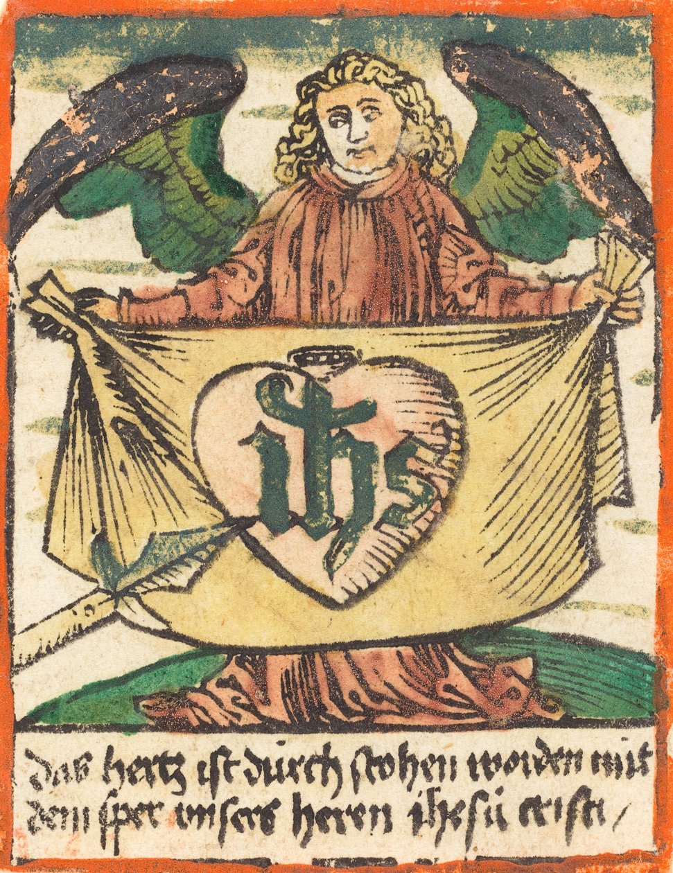 Heligt monogram i ett heligt hjärta på ett tyg som hålls av en ängel, ca. 1480. av Unbekannt