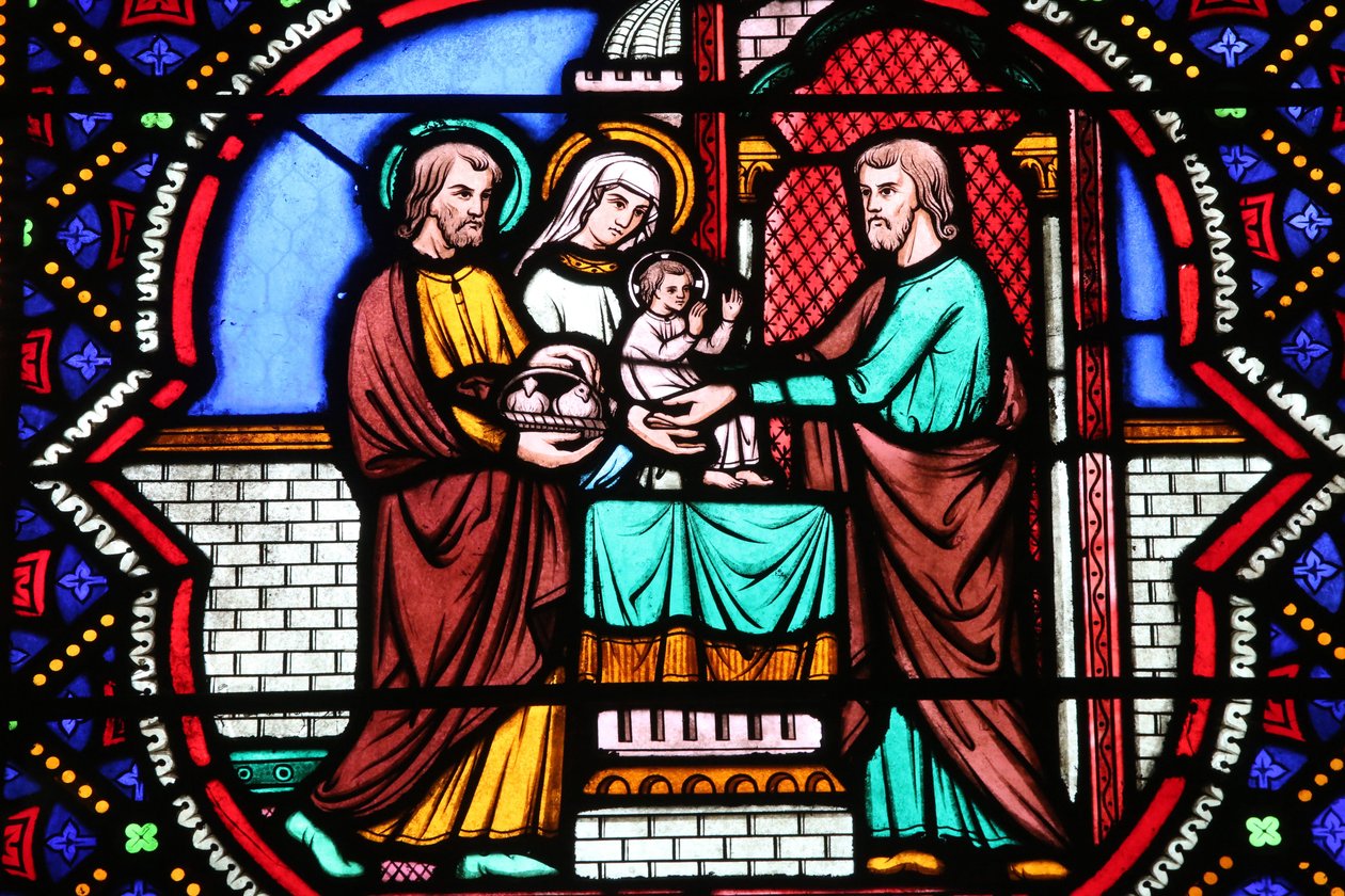 Heliga hjärtats kyrka. Fönster i målat glas. Presentationen av Jesus vid templet, 20160604, Moulins, Frankrike av Unbekannt