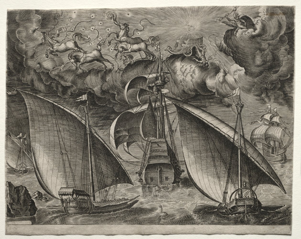 Segelfartyg: Två galärer som seglar bakom en beväpnad tremästare med Phaeton..., 1561-65. av Unbekannt