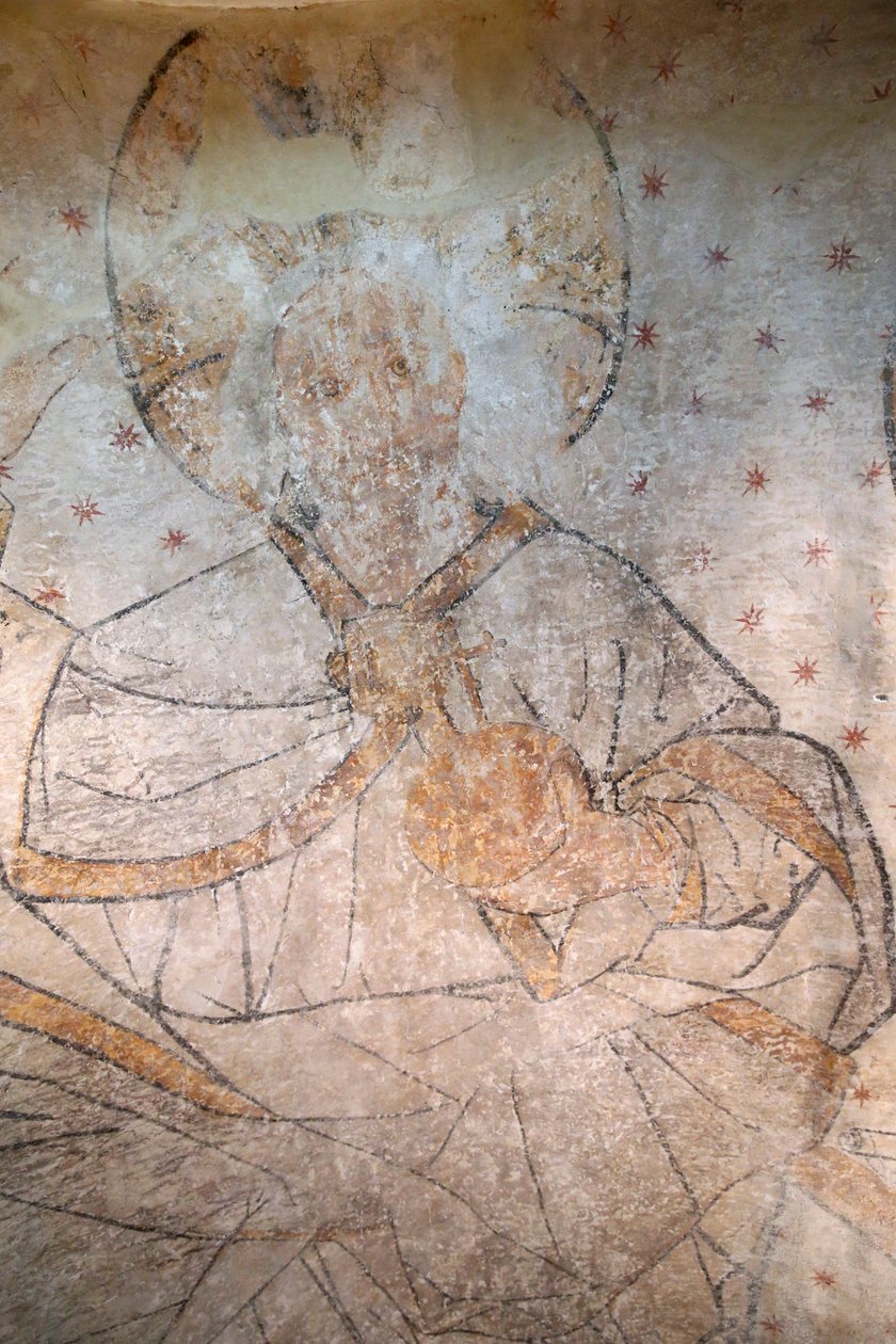 Saint-Claude, Jura, Frankrike, le 31/8/2015 - St Claude Abbey Museum. Kristus i härlighet. Målning. 1400-talet. av Unbekannt