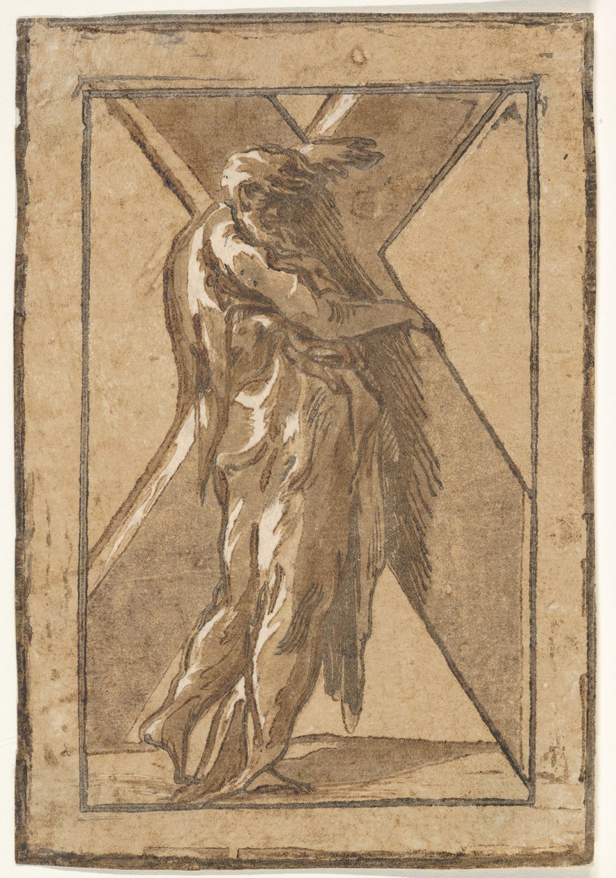 Saint Andrew står i profil och håller ett stort kors från en serie av Tolv Apo..., ca. 1540-50. av Unbekannt