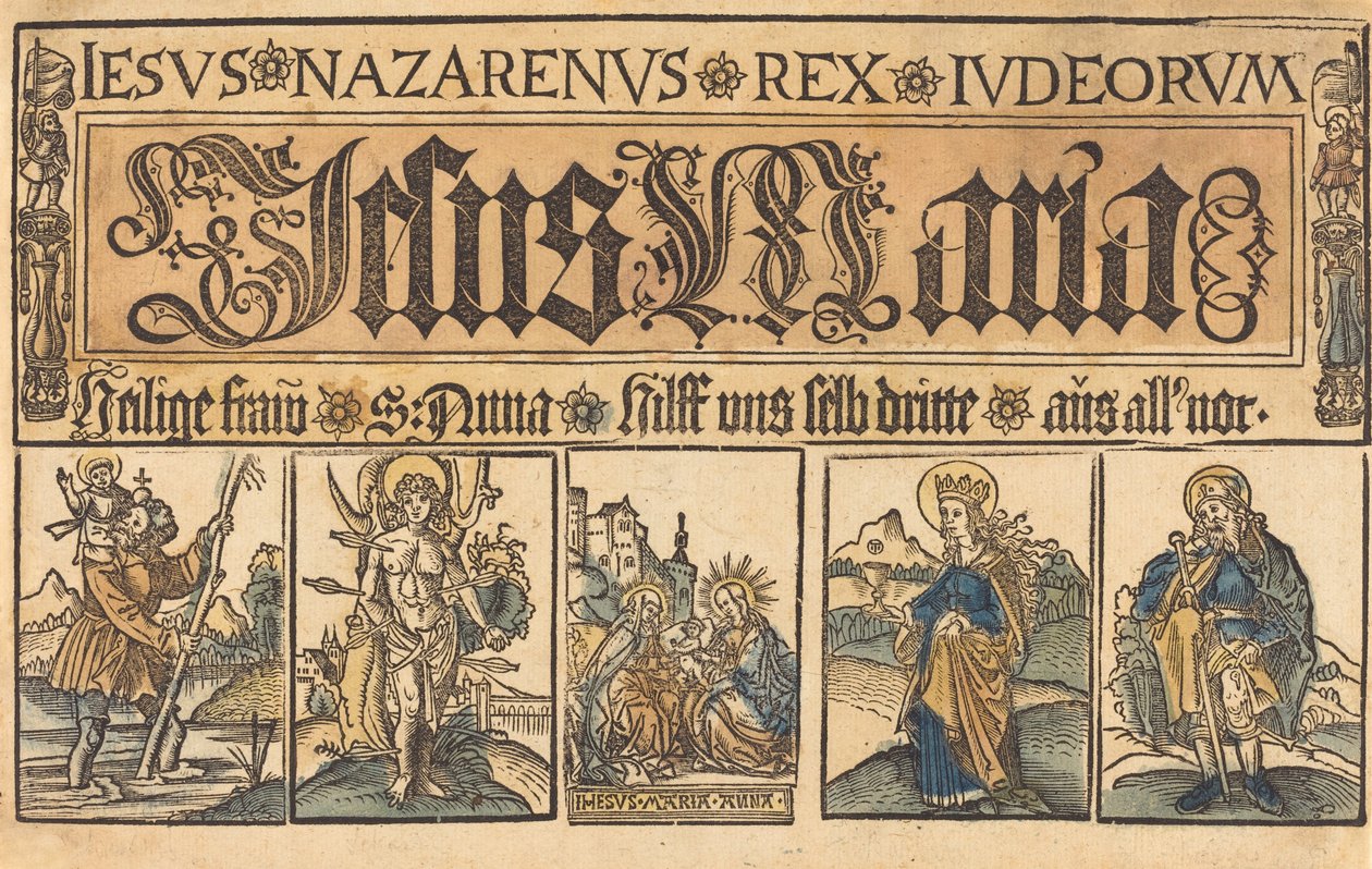 Saint Anne, Madonnan och barnet och de heliga Christopher, Sebastian, Clara..., ca. 15001525. av Unbekannt
