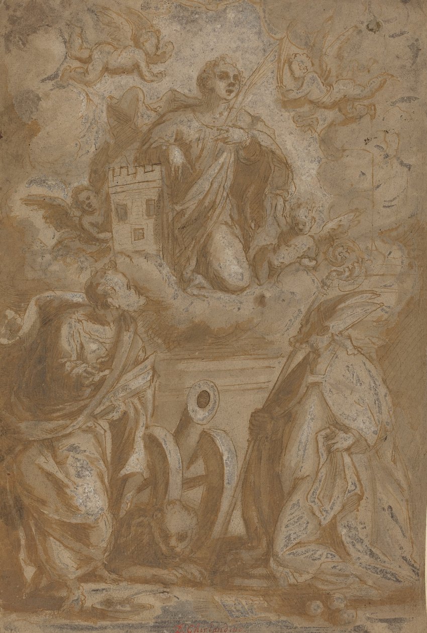 Saint Barbara in Glory med Saints Nicholas och Hieronymus, andra hälften av 1500-talet. av Unbekannt