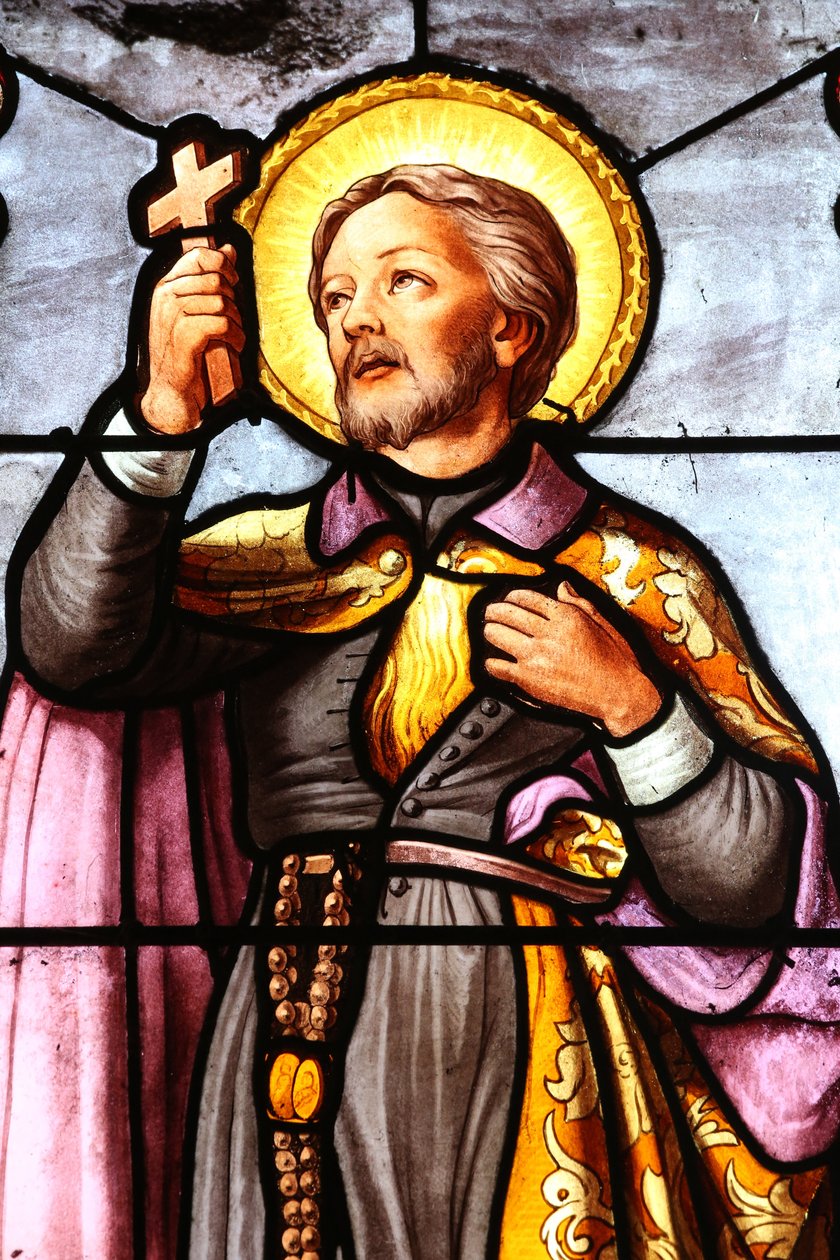 Saint Fargeau kyrka. Fönster i målat glas. Romersk-katolsk missionär St Francis Xavier. Frankrike av Unbekannt