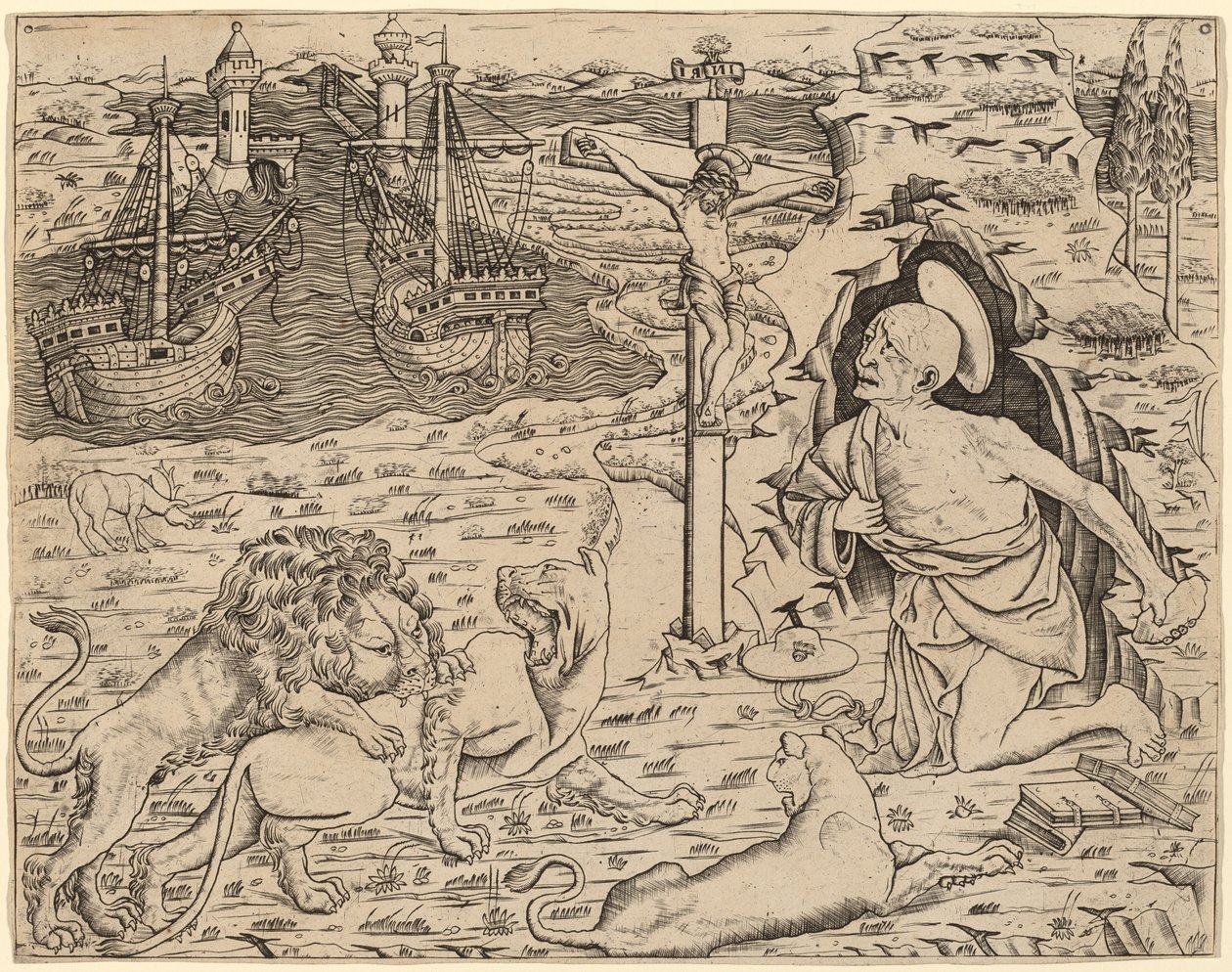 Saint Hieronymus i botgörelse, med två skepp i en hamn, ca. 14801500. av Unbekannt