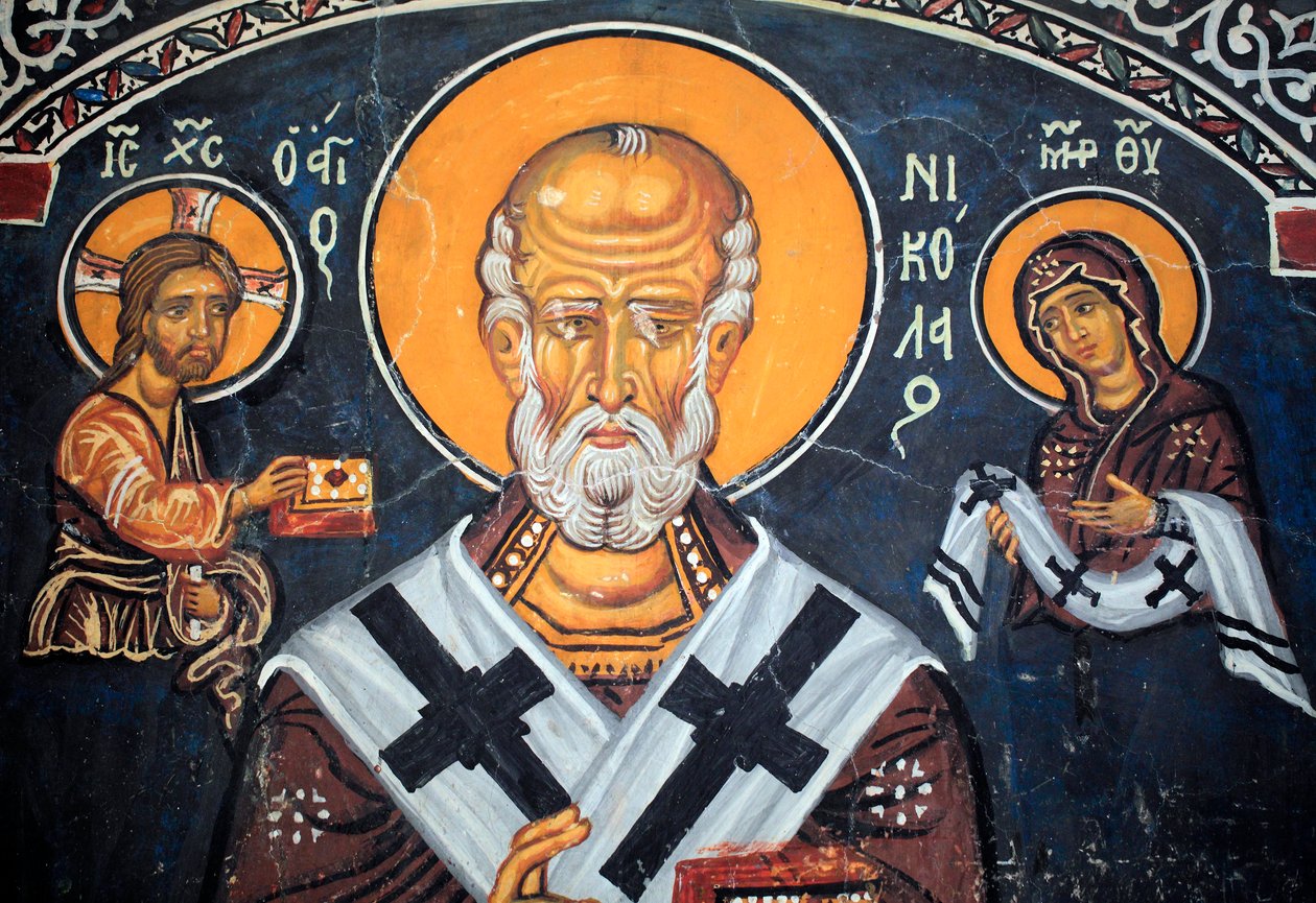 Sankt Nikolaus omger Kristus och Maria Bysantinsk fresk från 1300-talet (1332) Nathex, södra väggen Phorbiotissa Jungfrukyrkan, Asinou Unesco-plats Troodos-regionen, Cypern av Unbekannt