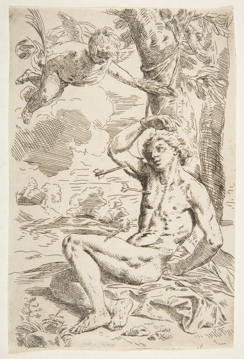 Saint Sebastian genomborrad med pilar och bunden till ett träd, kopia efter Cantarini, ca. 1639 eller senare. av Unbekannt