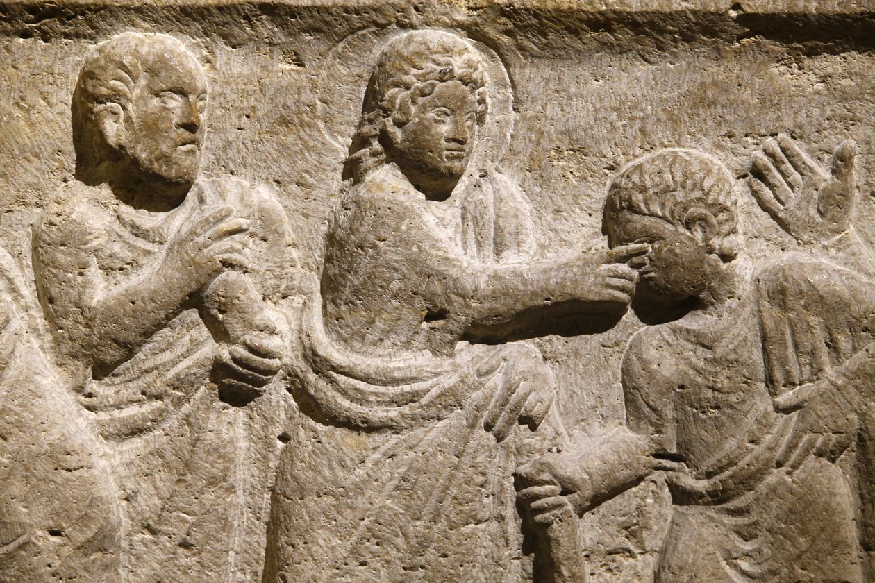 Saint Victor-klostret, Marseille. Sarkofagdetalj: Jesus botar en blind man. Frankrike av Unbekannt