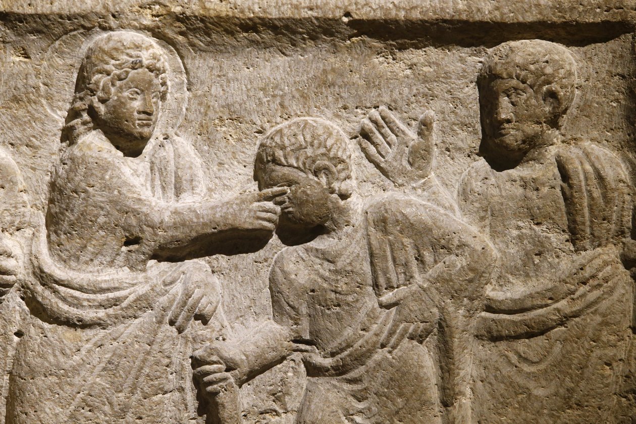 Saint Victor-klostret, Marseille. Sarkofagdetalj: Jesus botar en blind man. Frankrike av Unbekannt