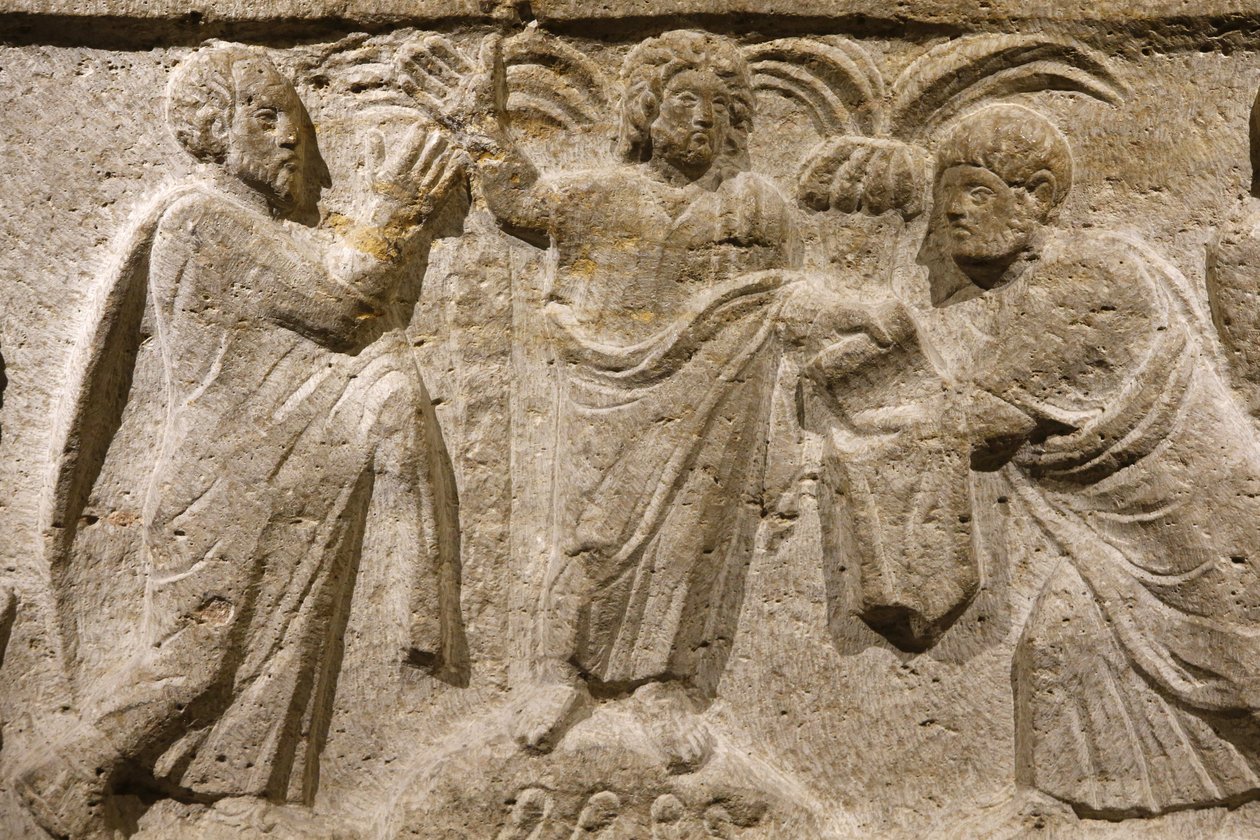 Saint Victor-klostret, Marseille. Sarkofagdetalj: Jesus omgiven av Petrus och Paulus. Frankrike av Unbekannt