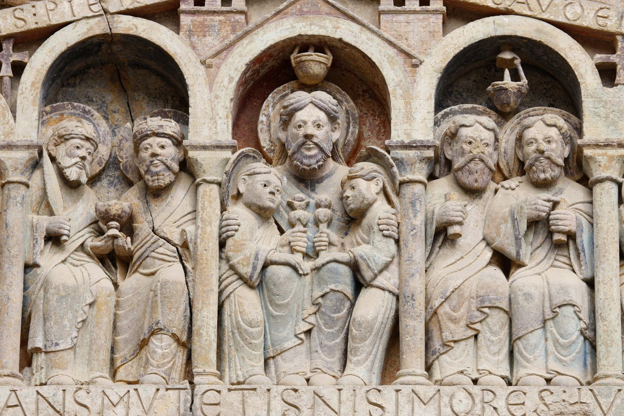 Sainte Foy klosterkyrka tympanum: Abraham, Conques, Frankrike av Unbekannt