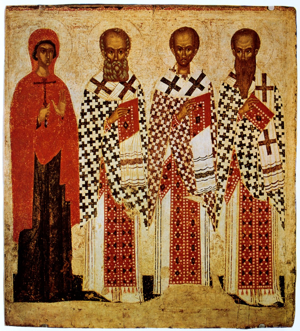 De heliga Paraskeve, Gregorius teologen, Johannes Krysostomos och Basilius den store, tidigt 1400-tal av Unbekannt