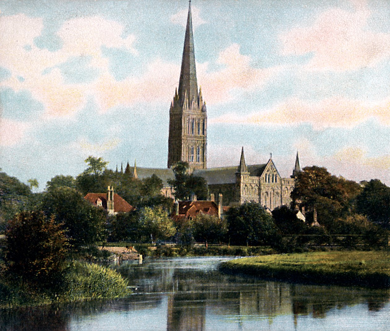 Salisbury Cathedral sett från floden Avon, Salisbury, Wiltshire, tidigt 1900-tal av Unbekannt