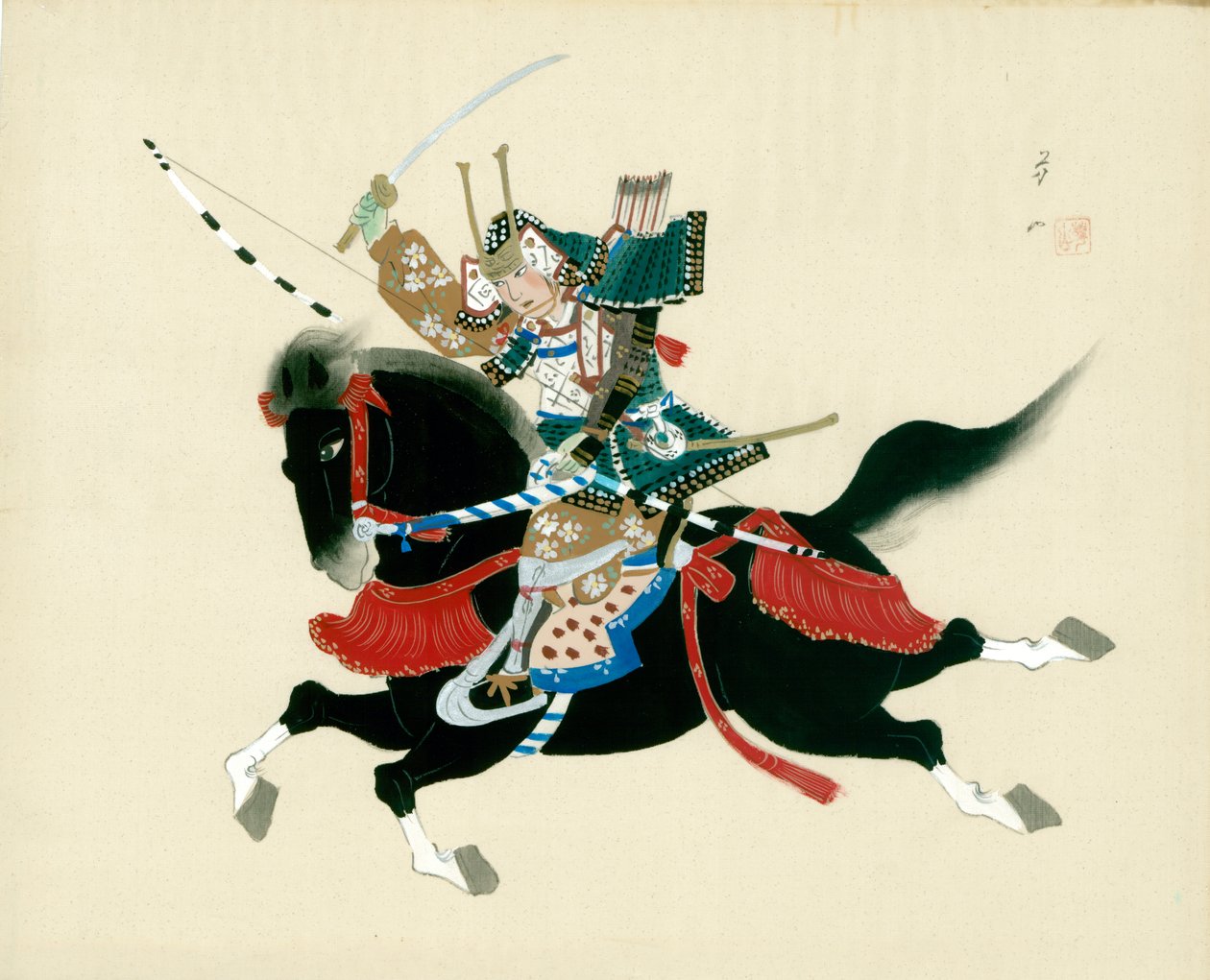 Samurai Warrior rider en häst. En japansk målning på siden, i traditionell japansk stil av Unbekannt