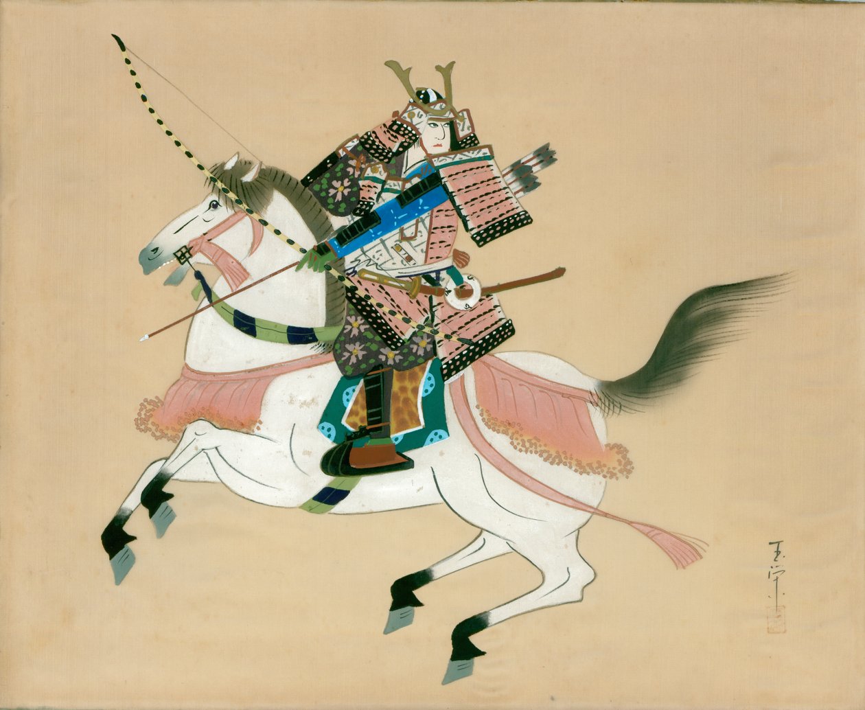 Samurai Warrior rider en häst. En japansk målning på siden, i traditionell japansk stil av Unbekannt