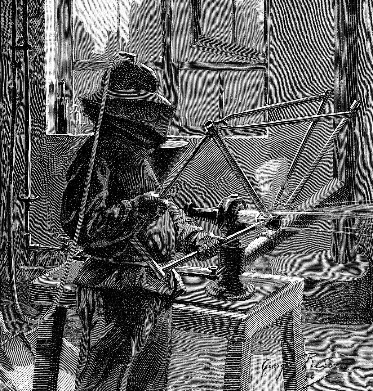 Sandblästring av skarvarna på en cykelram, Frankrike, 1896 av Unbekannt