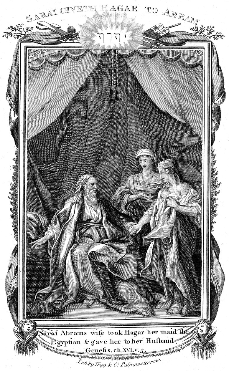 Sarah, Abrahams hustru, som är ofruktbar, erbjuder Hagar sin piga till sin man, c1804 av Unbekannt