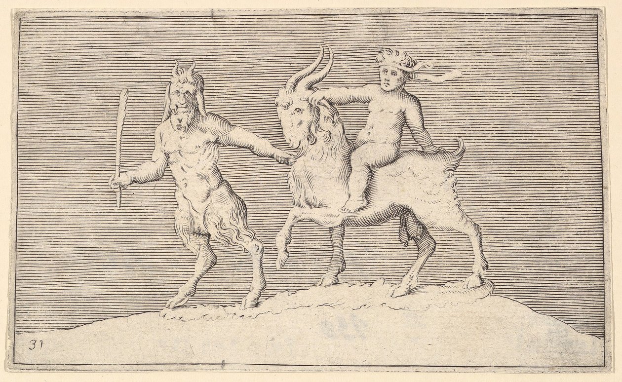 Satyr Leading Goat som ett spädbarn rider på, publicerat ca. 1599-1622. av Unbekannt