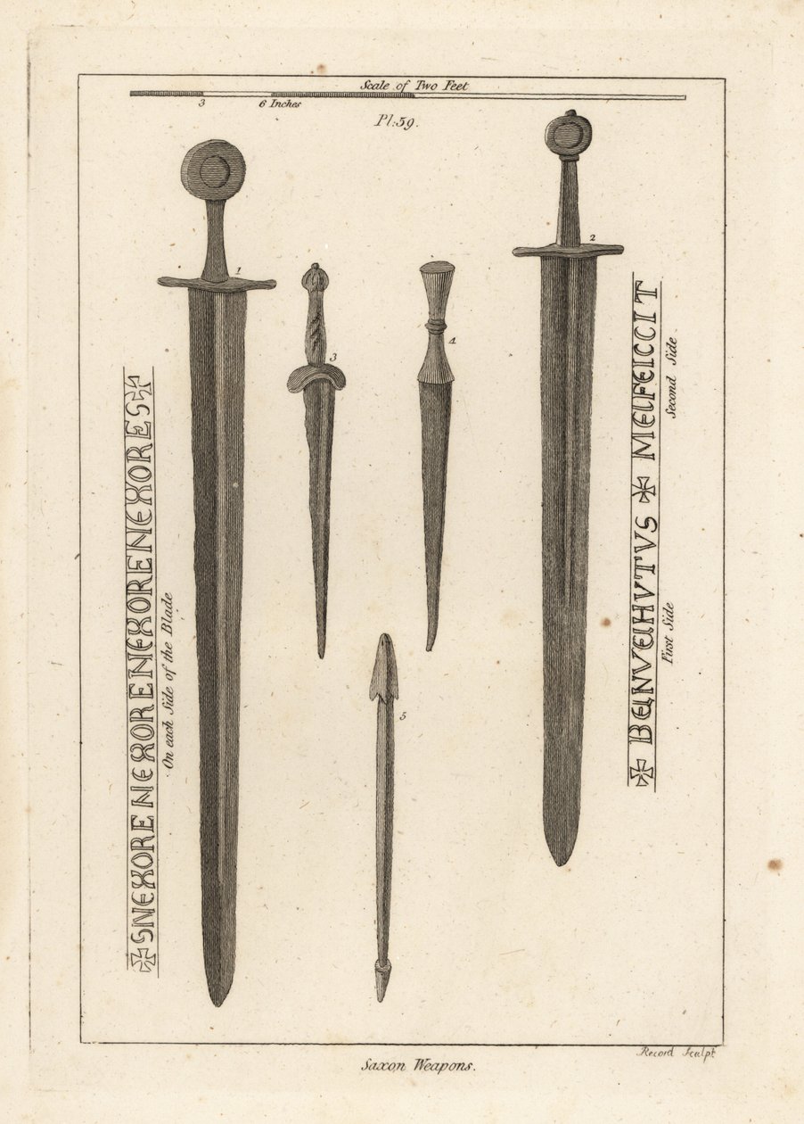 Saxiska vapen: forntida järnsvärd 1,2 och dirks och dolkar 3,4 hittades i floden Wytham, Lincolnshire, och en armborstbult som hittades i lägret i Danbury, Essex 5 av Unbekannt