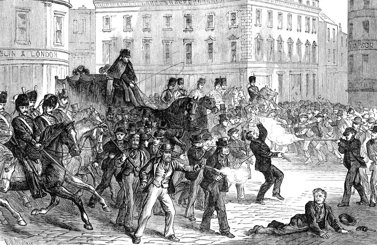 Scen vid ett upplopp i Belfast i slutet av 1800-talet av Unbekannt